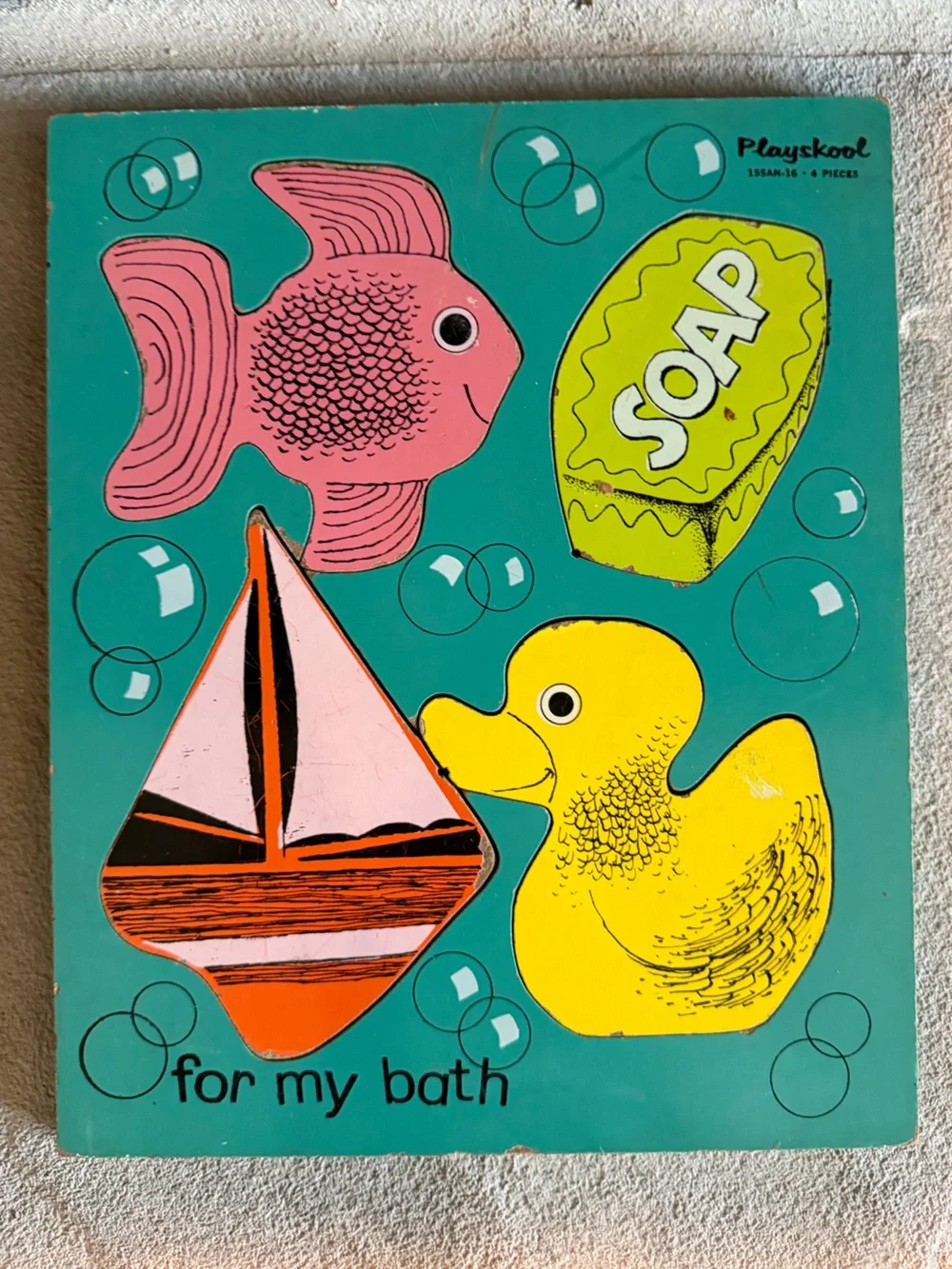 Vintage Retro Playskool 4-Piece Wooden Inset Tray Puzzle MY BATH Model 155AN-16